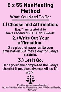 Have you tried the 5 x 55 manifestation method before? People around the world have been seeing great results, If you haven't already, give it a go! The process is simple, you choose a affirmation, write it 55 times a day for 5 days straight. Once you've completed the method, you let it go, and allow the universe to do it's magic. If you have any concerns, or want to learn more about this technique, click the link in the description. Happy manifesting!