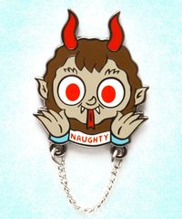 Merry Krampus! "Krampus" is a hard enamel pin with black nickel plating, measuring 1.5 inches tall.  Featuring a chain, silkscreening, double rubber clutch back, and the Jellykoe logo and date backstamp. Comes on a protective card.  Exclusive Holiday pin, limited run of 100