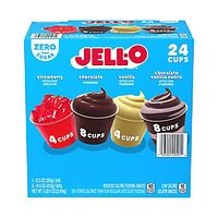 Jell-O Sugar Free Gelatin and Pudding Refrigerated Variety Pack features a 24-count of variety pudding and gelatin packs. Perfect for school lunches, work breaks, and snacking at home, this variety pack contain 8 Chocolate, 4 Vanilla, and 8 Vanilla Swirl pudding cups, along with 4 strawberry gelatin cups. These sugar free snacks contain no artificial preservatives, and the pudding snacks are a good source of calcium. Each snack cup in this variety pack of pudding and gelatin is individually sealed for freshness. Product Features:  Sugar free pudding and gelatin Contains no artificial preservatives Pudding cups have 60 calories each and gelatin cups have 10 calories each Individually packaged for freshness Perfect for school lunches for a delicious treat 50% fewer calories than regular choc