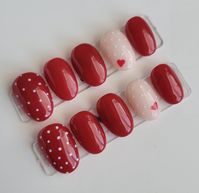 Red Polka Dot Heart Valentines Day Reusable Custom Press On Nails  Hand painted top quality products with durability up to 2 weeks or more. Comes with buffer & cuticle pusher  Packaged