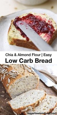 This chia and almond flour low carb bread recipe has a texture just like whole-wheat bread and can be baked as a loaf or as rolls. A perfect everyday grain free bread, this easy recipe is gluten free, Keto and delicious with sweet and savoury toppings. No eggy taste!