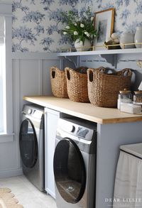 Light Blue Laundry Room with Shaker Pegs Makeover - Dear Lillie Studio