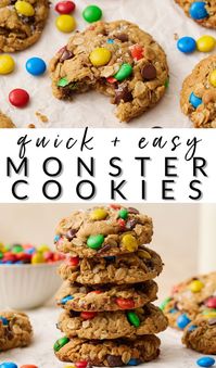 Monster Cookies are thick, chewy, and loaded with peanut butter, chocolate chips, and M&Ms. Quick and easy to make, these cookies come together in less than 35 minutes and are the perfect addition to any party!