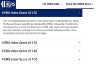 a screenshot of the RESNET HERS page display a HERS score of 130, and the description of the efficiency of that home