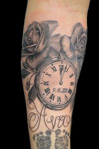 Black and grey pocket watch with roses + script "Ava"