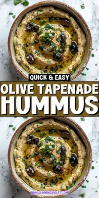 Olive Tapenade Hummus: A Mediterranean twist on classic hummus, this healthy recipe blends olives for a savory, easy-to-make dip. Perfect for a flavorful snack!