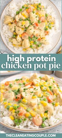 High Protein Crustless Chicken Pot Pie is so easy to make! Loaded with tender chicken and veggies - this is the perfect one pot meal! It is similar to a casserole and is so delicious!