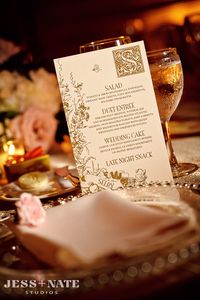 Blush and gold wedding menus for a whimsical and elegant wedding. The monogram was designed after an antique storybook letter.  Flowers, and apple and birds were part of the design of these menus. Click to see more and pin for later.