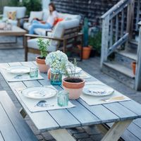 Spontaneous picnics happen with the Marina three-piece outdoor set, a backyard adaptation of a favorite look at the beach or yacht dock. Crafted of sustainable acacia wood in distressed grey with white legs, it makes alfresco dining a breeze.