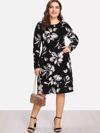 Plus Flower Print Form Fitting Dress -SheIn(Sheinside)