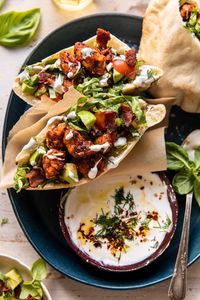 Quick + easy Rosemary Chicken and Avocado Bacon Pitas with Honey Feta Sauce...rosemary lemon chicken stuffed inside pitas with all the extras!