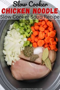 This Slow Cooker Chicken Noodle Soup is an easy hands-off recipe made right in the crock pot. It’s the perfect cozy winter meal made with a flavorful broth, plenty of veggies, juicy chicken, and tender egg noodles. #thecarefreekitchen #soup #slowcooker #crockpot #chickennoodle #chicken #winter #dinner #noodles