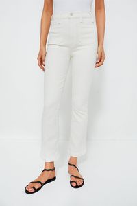 MOTHER Denim is known for its flattering fits, washes, and super-soft fabrics. Its founders have an unfiltered approach, saying they "stand for having fun, and not taking yourself too seriously." Say hello to the pant that we are styling over and over again - the Cream Puffs Hustler Patch Pocket Flood. Cut from stretch fabric, this high-rise flare silhouette is finished with patch pockets, clean hem and tonal hardware. With an off-white color that will complement any top you style it with, pair with a body suit and heels for a night out, or with sneakers and a top for a casual day around town.  High rise Zip fly with button closure 2 front and back patch pockets Tonal hardware Clean hem Flare silhouette Material: 94% Cotton, 4% Polyester, 2% Elastane Care: Machine wash Made in LA