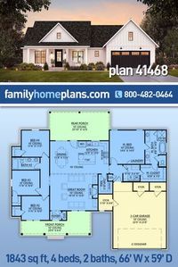 This 4 bedroom Country Farmhouse Home Plan has 1,843 sq ft of living area & a split floor plan. That means Mom and Dad have a private suite on the right side of the house, & three children's bedrooms are on the left. The master suite includes a full bathroom with two vanities, soaking tub, walk-in shower, private toilet closet, and huge walk-in closet that is connected to the laundry room. Open living space, lots of storage, and two wonderful covered porches finish up the features of this plan.