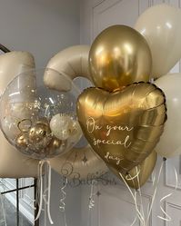 I See Double Balloons! I love making birthday balloons for 2-digit number occasions, especially if it is a double number like 13!!! It is so much fun, and I can play with complimenting colours and shapes! So, here we have 2 gorgeous satin number balloons, an intricately decorated and filled bubble balloon, and a luxurious gold&creme balloon bouquet! Works great as a birthday surprise gift, a small party decoration and an Instagram photo session background & props! Colours and details are c...