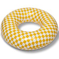 Gold Checker Pool Float Now our most popular prints are available in pool floats. Top quality and Oversized. These floats are double sided prints (top and bottom).  Premium PVC Sun and Waterproof Easy to inflate with a single valve Perfect for the pool, lake, beach and river! Dimensions: Inflated  9"H x 38"W Inquire fo