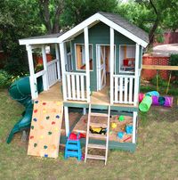 One of our most popular plans! A 2 story playhouse plan with a large sand box area below, and a wooden playhouse with a wrap around porch above. Plenty of space for a slide, rock wall and ladders. Download⬇ this plan and start building this weekend!