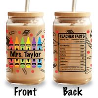 - PERSONALIZATION: The tumbler can be customized with the teacher's name or a special message, making it a truly unique gift. - HIGH-QUALITY MATERIALS: The tumbler is handmade in the USA with 100% borosilicate glass, a thick, sturdy, and durable material known for its clarity. - PRACTICALITY: The tumbler is designed with a 16oz capacity, a flat bottom, and a snug-fitting bamboo lid with a silicone seal to prevent spills and leaks, making it easy for teachers to take on the go. - THOUGHTFUL DESIG