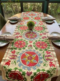 Product: Original Cotton Ikat table runner hand-dyed handwoven Suzani embroidery tablecloth is a beautiful and intricate form of artwork that has a long history rooted in Central Asia. This type of needlework is known for its colourful and intricate hand-stitched designs that can be used to create stunning works of art. Whether you're looking to add a unique interior accent to your living room, kitchen or office, the possibilities of using this decorative tapestry are endless. With its rich embroidery of vibrant hues, suzani decor can make a beautiful statement in any room. Hand stitching is one of the oldest and most beloved forms of embroidery and is the foundation of suzani embroidery. Hand stitching is done with a needle and thread and is done without the use of machines. While the cra