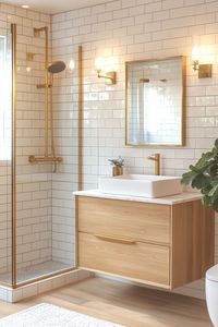 Transform your space with elegant modern bathroom ideas featuring sleek gold fixtures and minimalist designs. Perfect for a stylish and practical upgrade, this setup adds a touch of luxury to your home. #ModernBathroomIdeas #LuxuryDecor #BathroomInspiration