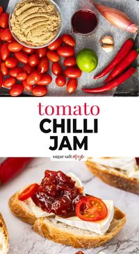 Spicy and sweet, this tomato and chilli jam is so tasty. It's so easy and great mixed into sauces, served on cheese boards or sandwiches and even for gifts. This homemade condiment pairs beautifully with so many dishes and adds a slight kick that will instantly elevate your meals! A delightful balance of sweet, tangy, spicy, and savoury flavours, there's also a hint of citrusy brightness thanks to the lime zest.