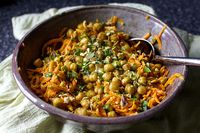 carrot salad with lemon, tahini, crispy chickpeas