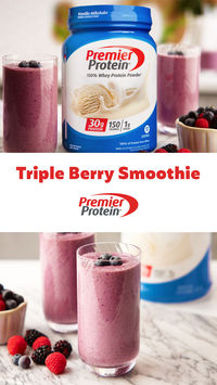 Make this fresh and creamy Triple Berry Smoothie with Vanilla Premier Protein Powder! Shop now.