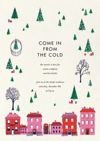 Invite your nearest and dearest to come in from the cold with this beautiful winter party invitation by kate spade new york, featuring a charming pink and red village with evergreen trees and tiny pink presents scattered about. Keep things extra cozy with a cream-colored envelope lined with red and white stripes.