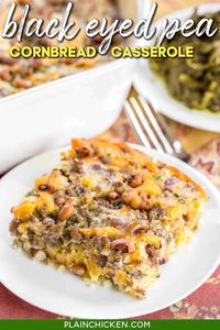 Black Eyed Pea Cornbread Casserole recipe - homemade cornbread loaded with sausage, creamed corn, cheddar cheese, black eyed peas, green chiles, and jalapeños. Perfect for your New Year's Day meal! Can make ahead of time and freeze for up to a month. Everyone LOVES this easy one-pan meal! #casserole #cornbread #freezermeal