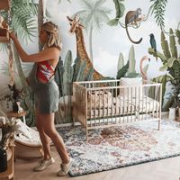 Kids Pink Flamingo and Cute Giraffe Safari Animals Wallpaper Mural • Wallmur®