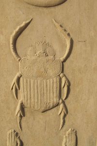 The scarab beetle (”Khepri”) is a sign of transformation and beginnings in Ancient Egypt. In this example, detail of a bas relief from the cartouche of King Kheperkare, Senusret I, White Chapel of Senusret I, Karnak Open Air Museum.