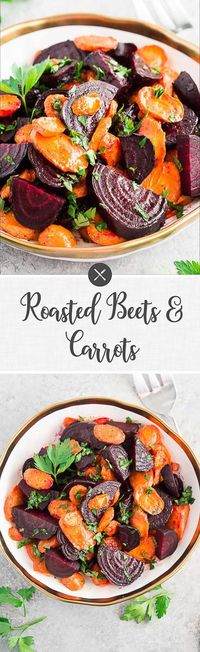 These simple roasted beets and carrots are dressed with a maple vinaigrette for a delicious warm side dish that's perfect for any occasion. They are a great healthy side that is whole30, paleo, gluten-free and vegan friendly.