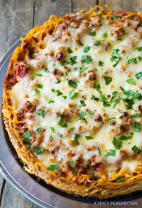 Comforting Baked Spaghetti Pie. A family dinner with the essence of cozy spaghetti and meat sauce, baked into a pie! You can cut and serve whole pieces.