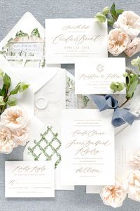 Cecilia Five-Piece Suite | Empress Stationery | This five-piece suite includes an invitation with envelope, a response card with envelope, a return address printed on the invitation envelope and a response address printed on the response envelope, as well as an additional card of your selection. #weddingstationery #classic #weddings