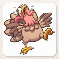 Scared Turkey Running Square Paper Coaster #funny #cartoon #character #crazy #turkey #thanksgivingcoasters #coastersforthanksgiving