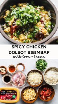 Dolsot Bibimbap is a comforting Korean rice dish served in a hot stone bowl. This Spicy Chicken version -- flavored with gochujang-marinated chicken, kimchi, corn, and cheese -- is especially simple and cozy. The heated bowl keeps everything hot and also creates a layer of crispy rice on the bottom. A surprisingly easy meal that can be put together quickly!