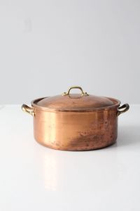 This is a vintage ODI of Portugal copper pot.  The classic copper cookware features a lid and brass handles.  It is lined.  CONDITION In good condition with wear consistent with age and use.  Light scratches.  MEASUREMENTS Width:  10.25"  ..  26 cm Diameter:  8.25"  ...  21 cm Height:  4.75"  ..  12.1 cm 223100