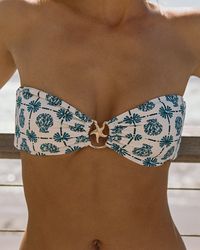 Life's better in a bandeau and this couldn't be more true than when it comes to the Jasper Bikini Top. This Anthropologie-exclusive piece has a stunning center-front decorative gold starfish ring and a sweetheart neckline adds some allure to the sea-inspired print. Pair this with the coordinating Jasper bikini bottoms for a beach-ready look. Bandeau Top Metal Starfish Hardware Tie At Back Removable Pads Removable Straps Size XS-XL 83% MICRO NYLON, 17% SPANDEX Style # LSJST24PA Coverage: Medium S