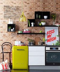 colorful kitchen, also love the bricks