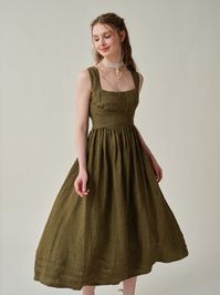 Cross Back Linen Dress in Olive, Midi Dress, Cocktail Dress, Layered Linen Dress, Evening Dress, Vintage Dress, Apron Dress Linennaive - Etsy