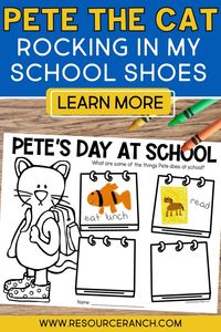 Start the school year with a read aloud of Pete the Cat and follow up with these engaging printable activities! After reading Pete the Cat Rocking in My School Shoes, this book companion is a fun way to connect the story with standards-based literacy skill practice. Click the link to check it out now!