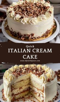 Whip up a decadent dessert in no time with this Quick Italian Cream Cake recipe! 🍰💕 Moist and flavorful, with a luscious cream cheese frosting and crunchy pecans, it's a delightful treat for any occasion. #ItalianCreamCake #DessertRecipes #EasyBaking #HomemadeCake #QuickDesserts #CreamCheeseFrosting #Delicious