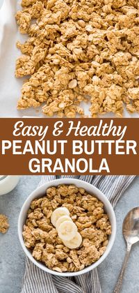 Easy and Healthy Peanut Butter Granola is a delicious granola recipe with no refined sugar, minimal oil and big peanut butter flavor. It’s naturally vegan and gluten-free!