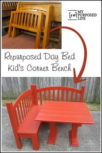 day bed repurposed into a kids corner bench for the kitchen or playroom MyRepurposedLife.com