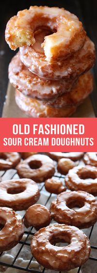 Old-Fashioned Sour Cream Doughnuts are coated in glaze and taste just like the cakey ones at your favorite bakery! #bake #bakingrecipes #doughnuts #donut #oldfashionedoughnuts #doughnutrecipe #howtomakedonuts