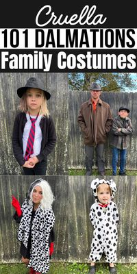 101 Dalmations and Cruella DIY Costume Theme: These simple DIY costumes are perfect for a Halloween family theme! Find simple instructions paired with links to make these easy costumes. Check out this post for ideas and inspiration for Disney's Cruella costumes.