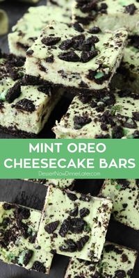 Mint Oreo Cheesecake Bars - a dessert for the mint chocolate lovers. With a mint Oreo crust, and a cool and creamy mint cheesecake loaded with extra chunks of mint Oreos throughout.