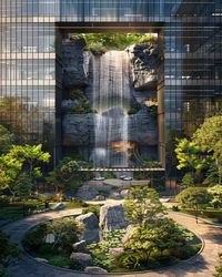 Office Buildings with Amazing Waterfalls