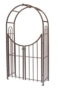 Create an elegant entry to your backyard or garden with the arbor with gate in a striking brushed bronze finish. Using an arbor in your lawn not only adds drama and height; it also separates it into distinct areas for a fantastic garden or retreat. The arched top and curved gates form a striking circle to frame your entrance. The top arch features a delightful rosette detail, while side arches echo classic garden themes. Sturdy square steel is spaced to encourage any climbing flowers you choose to plant. Open the garden latch for a charming welcome to your garden or walkway. Style Selections 4.2-ft W x 7.5-ft H Bronze Garden Arbor | 89096