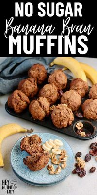 No Sugar Banana Bran Muffins! These refined sugar free banana muffins are sweetened with nothing but bananas and dates. Made with whole wheat flour, oats, lots of bran, and studded with walnuts and banana chunks, these healthy bran muffins make a great breakfast, snack, or lunchbox treat.